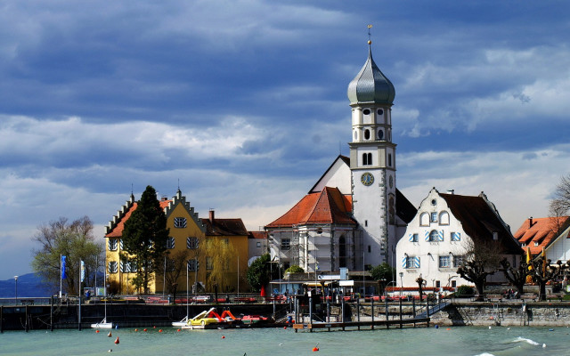 Church lake boats architecture skyline free wallpaper - medium preview image