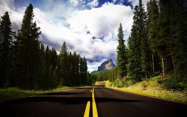 Mountain road trees lake sky free wallpaper - medium preview image