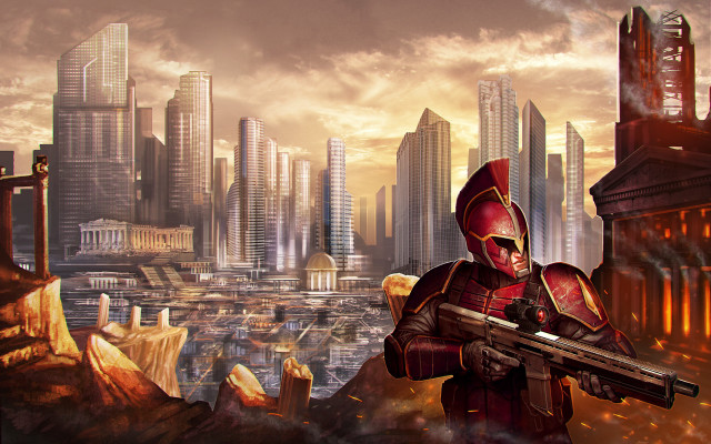 Red suit man cityscape futurism free wallpaper - medium preview image