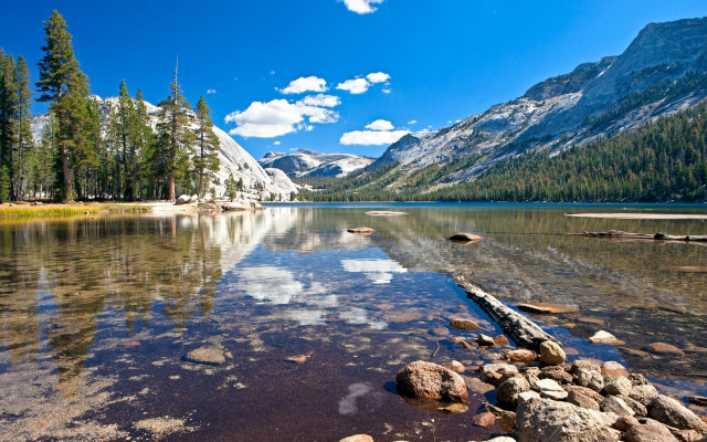 Lake mountains trees clouds rocks free wallpaper - medium preview image
