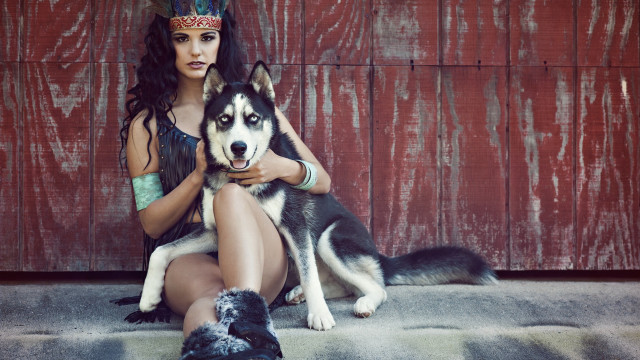 Woman dog headdress art photography free wallpaper for desktop - medium preview image