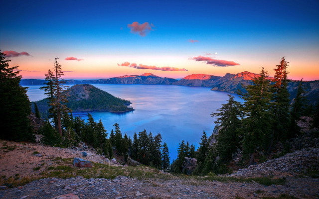 Lake mountains trees sunset moon free wallpaper - medium preview image