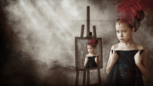 Young girl black dress mirror free wallpaper - medium preview image