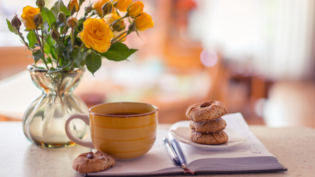 Coffee book vase flowers cookies free wallpaper - medium preview image