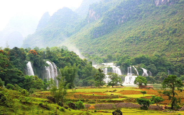 Lush green valley waterfall fantasy free wallpaper - medium preview image