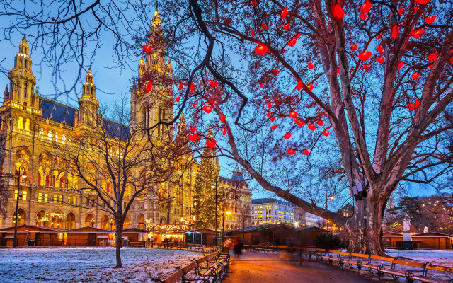 Snowy city street red ornaments free wallpaper - medium preview image