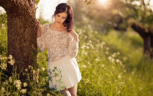 Woman leaning tree field flower free wallpaper - medium preview image