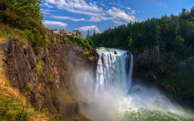 Waterfall building forest mountain tilt free wallpaper - medium preview image