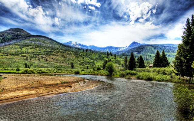 River forest hillside mountains blue free wallpaper - medium preview image