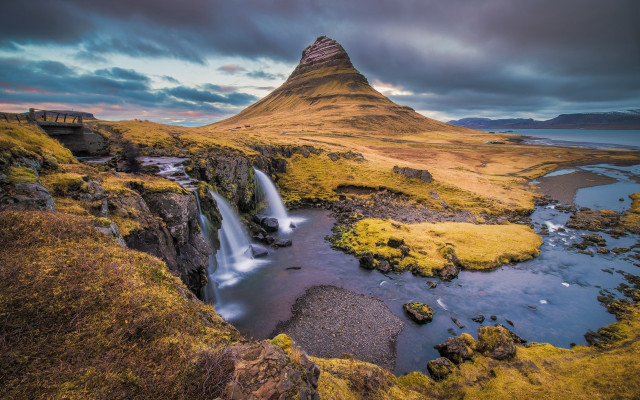 Mountain waterfall cabin cloudy sky free wallpaper - medium preview image