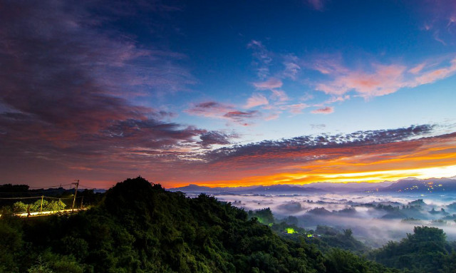 Sunset mountain foggy valley bridge free wallpaper - medium preview image