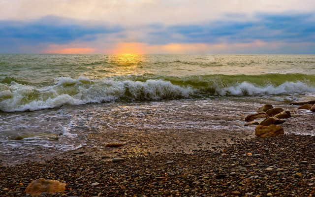 Beach wave sunset clouds cityscape #2 free wallpaper for desktop - medium preview image