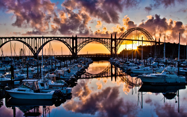 Bridge water sunset clouds boats free wallpaper - medium preview image