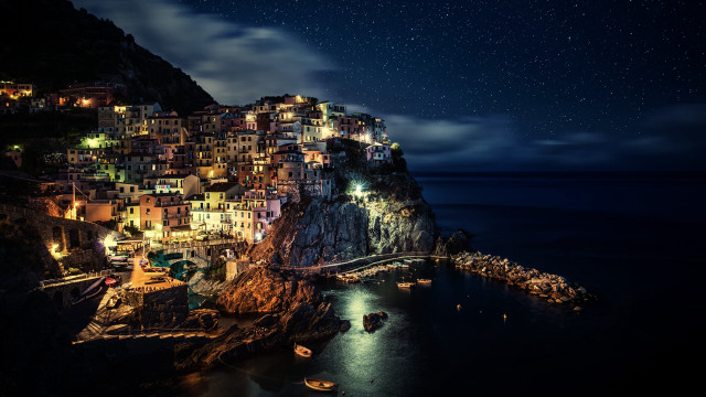 Village cliff ocean starry sky free wallpaper - medium preview image