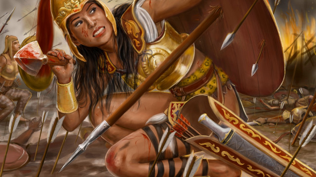 Woman kneeling sword shield blood free wallpaper - medium preview image