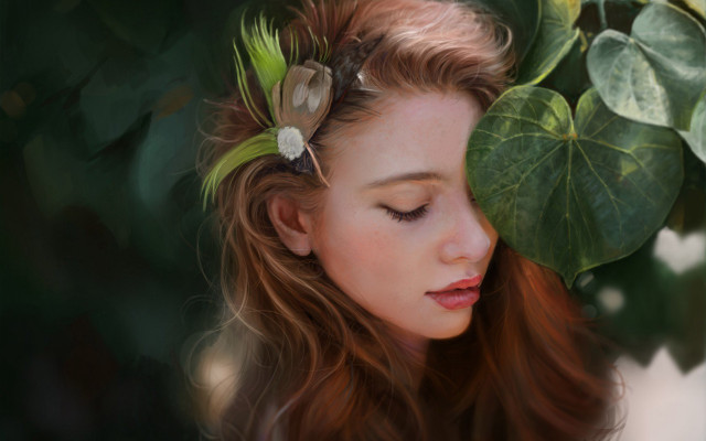 Woman long hair flower leaves free wallpaper - medium preview image