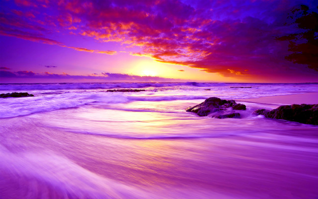Purple beach sunset waves rocks free wallpaper - medium preview image