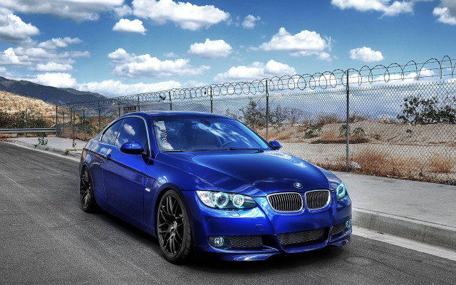 Blue car fence road city free wallpaper - medium preview image