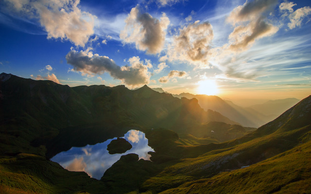 Sunset mountain lake reflection clouds free wallpaper - medium preview image