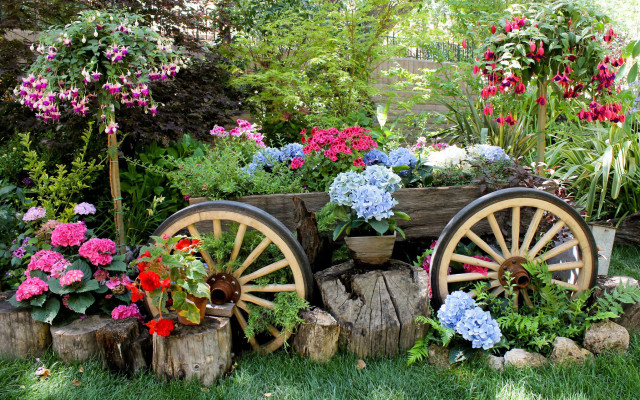 Wagon flowers trees garden fence free wallpaper - medium preview image
