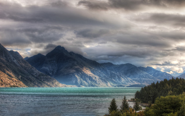Mountain lake clouds trees sunset free wallpaper - medium preview image