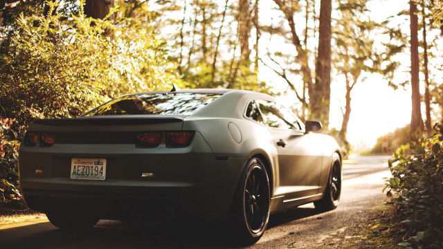 Car woods autumn sunset tiltshift free wallpaper - medium preview image