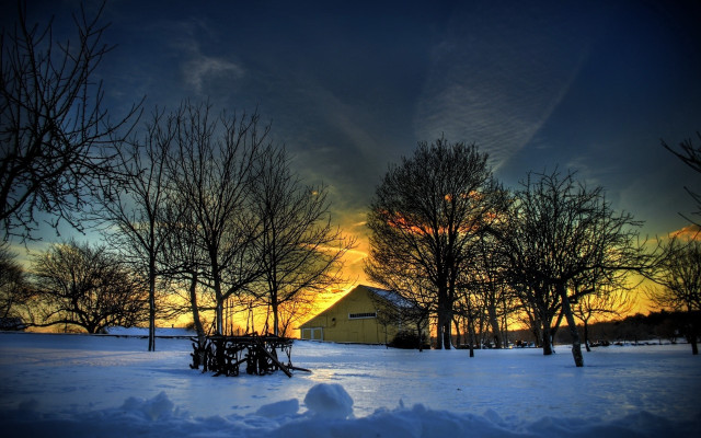 Snowy field trees house dusk free wallpaper - medium preview image