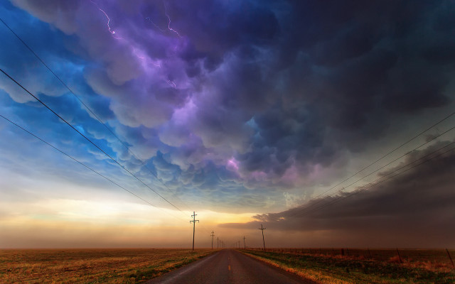 Road clouds lightning field trees free wallpaper - medium preview image