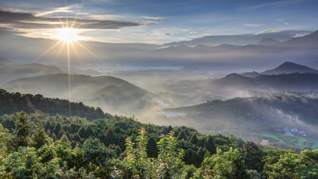 Mountain range sunshine clouds forests free wallpaper - medium preview image