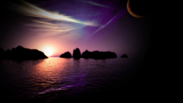 Sunset moon rocks water distant free wallpaper - medium preview image