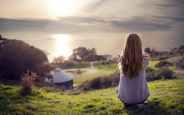 Woman hillside ocean sunset dress #2 free wallpaper - medium preview image