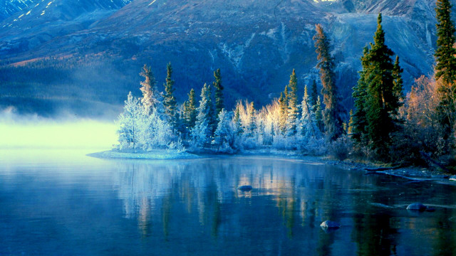 Lake mountains trees mist sky free wallpaper - medium preview image