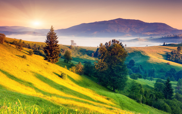 Grassy hill mountains sunset fog free wallpaper - medium preview image