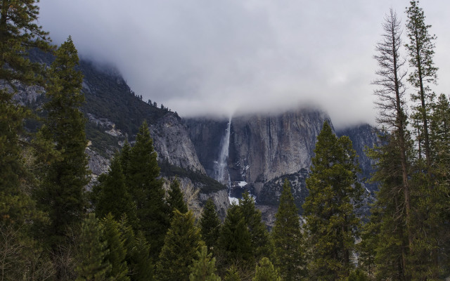 Mountain waterfall trees clouds nature free wallpaper - medium preview image