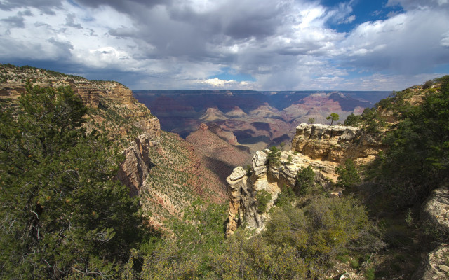 Canyon cloudy sky trees landscape free wallpaper - medium preview image