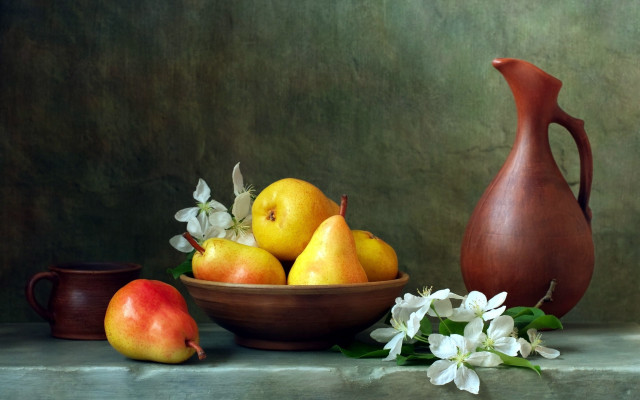 Bowl of fruit vase flowers free wallpaper - medium preview image