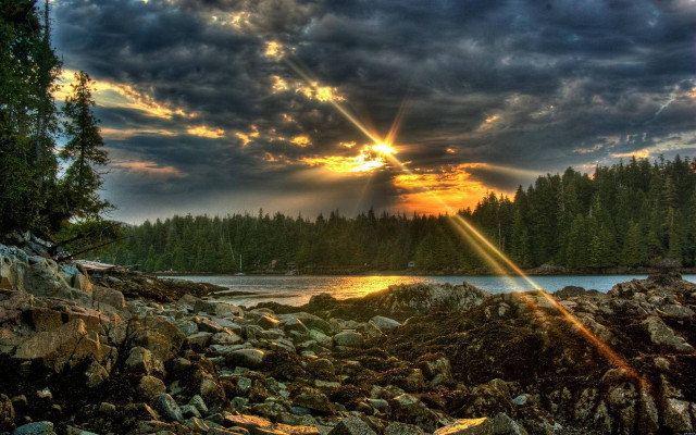 Sunset lake rocks trees cloudy #2 free wallpaper - medium preview image