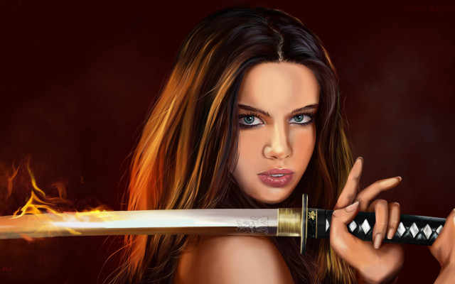 Woman holding flaming sword red free wallpaper - medium preview image