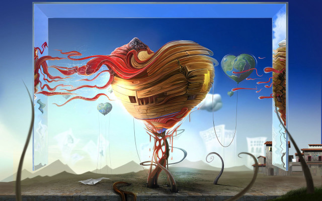Surreal wooden structure red ribbon free wallpaper - medium preview image