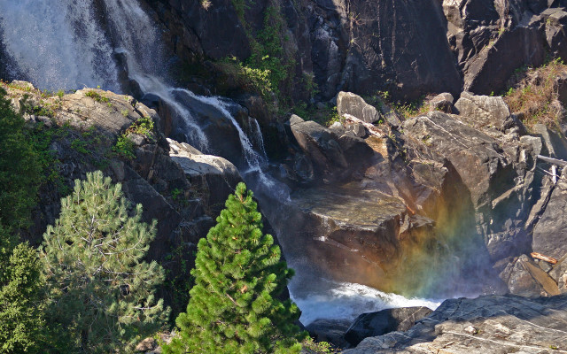 Waterfall rainbow forest person mountain free wallpaper - medium preview image