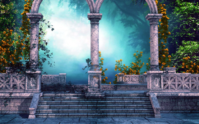 Steps forest orange flowers arch free wallpaper - medium preview image