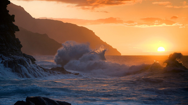 Wave rocky cliff sunset ocean free wallpaper - medium preview image