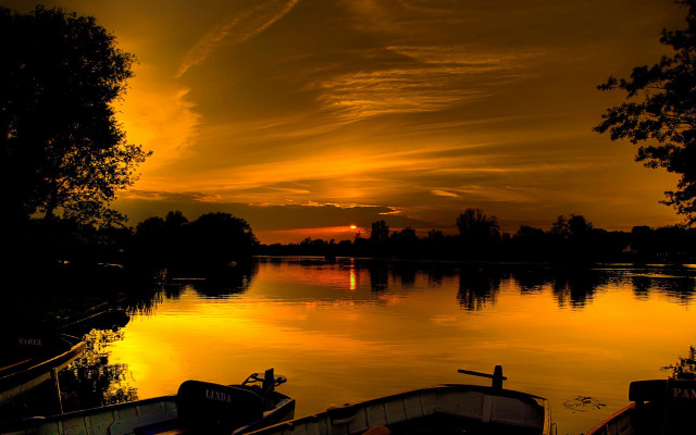 Sunset lake boats trees clouds free wallpaper - medium preview image