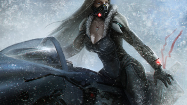 Woman gasmask motorcycle snow cyberpunk free wallpaper - medium preview image