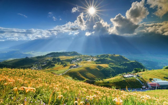 Valley sunbeam house mountain sky free wallpaper - medium preview image