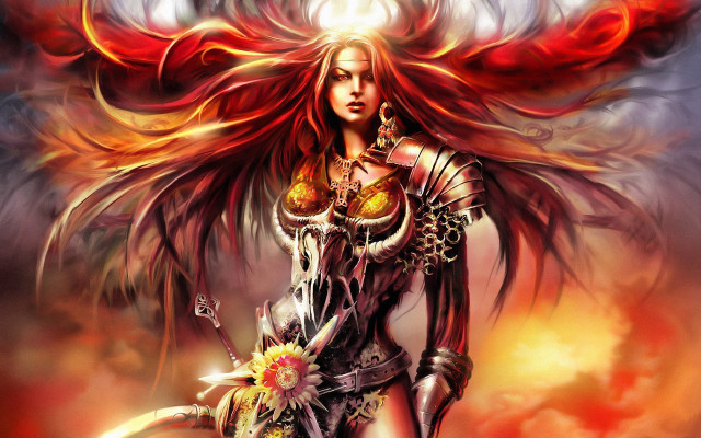 Fiery red haired woman sword free wallpaper - medium preview image