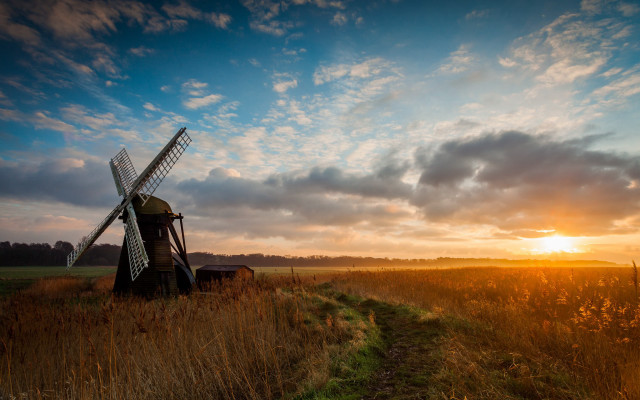 Windmill field sunset clouds path free wallpaper - medium preview image