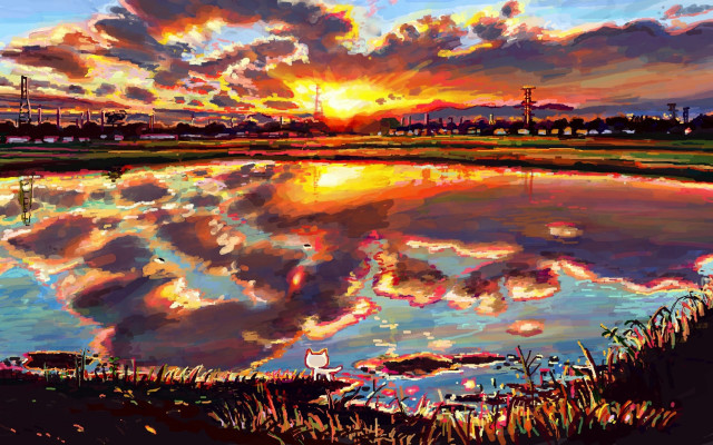Sunset lake clouds windmill autumn free wallpaper - medium preview image