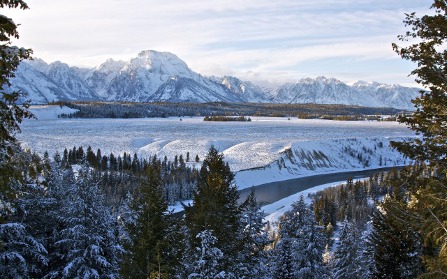 Snowy mountain range river forests free wallpaper - medium preview image