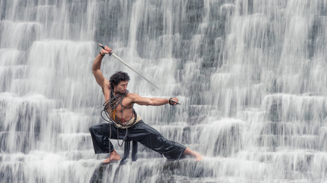 Man waterfall sword action matte free wallpaper - medium preview image
